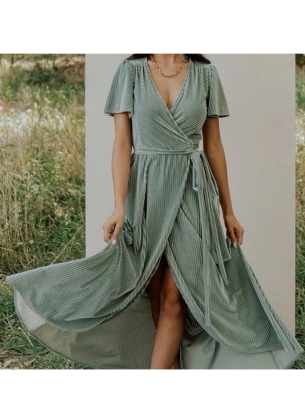 Baltic Born Andi Dusty Sage Ribbed Velvet Wrap Dress